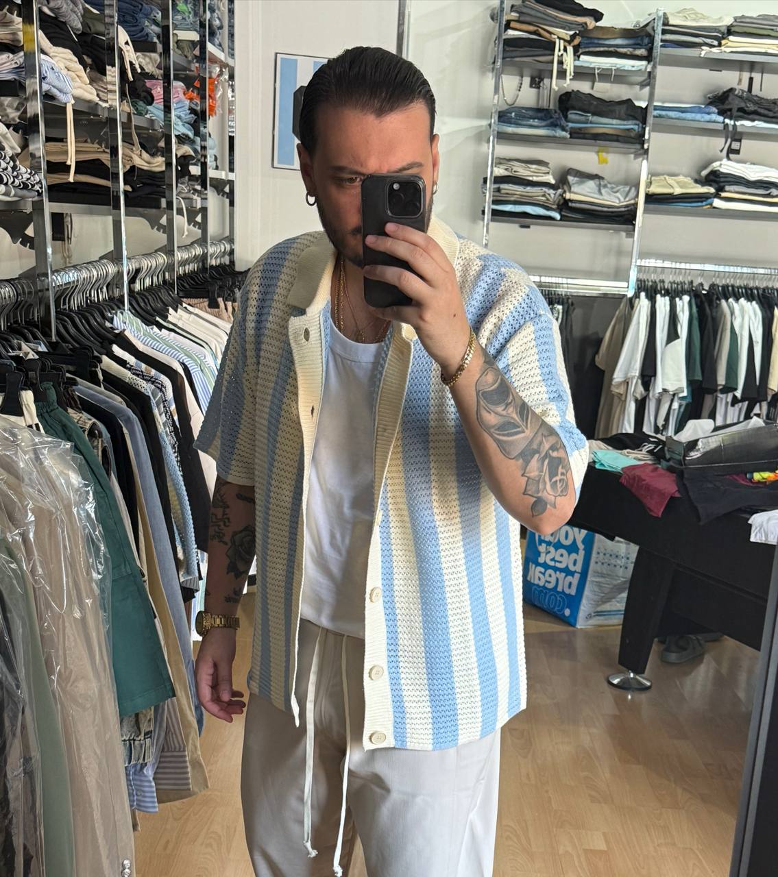 POLO CARDIGAN BIANCO E CELESTE