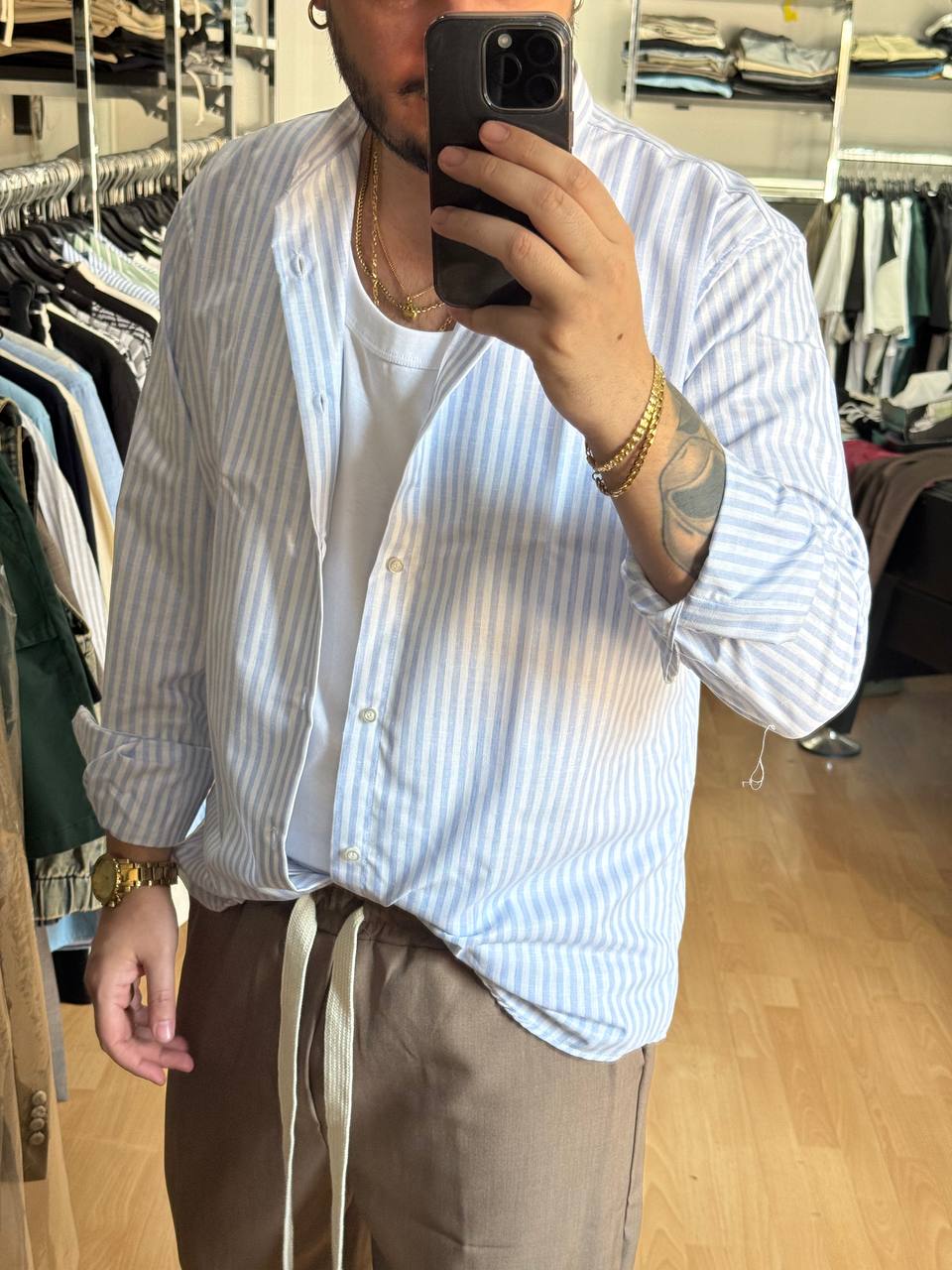 CAMICIA COREANA LINO BIANCA E CELESTE