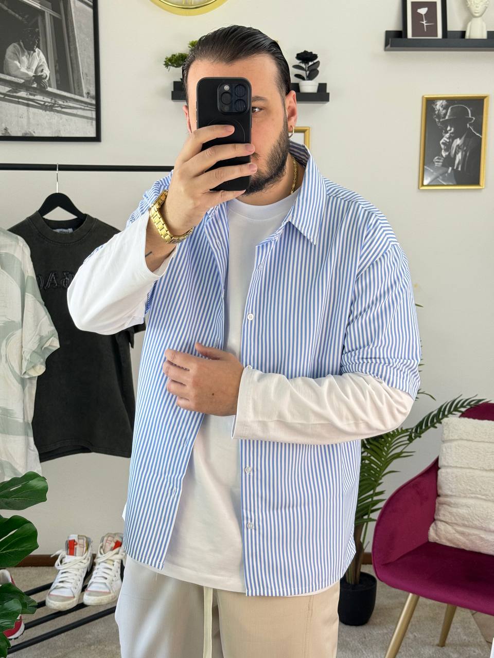 CAMICIA RIGHE DOPPIAMANICA CELESTE