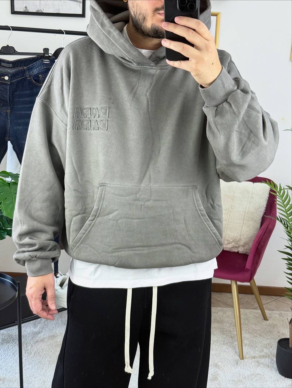 FELPA CON CAPPUCCIO RICAMO BARA BARA PIOMBO