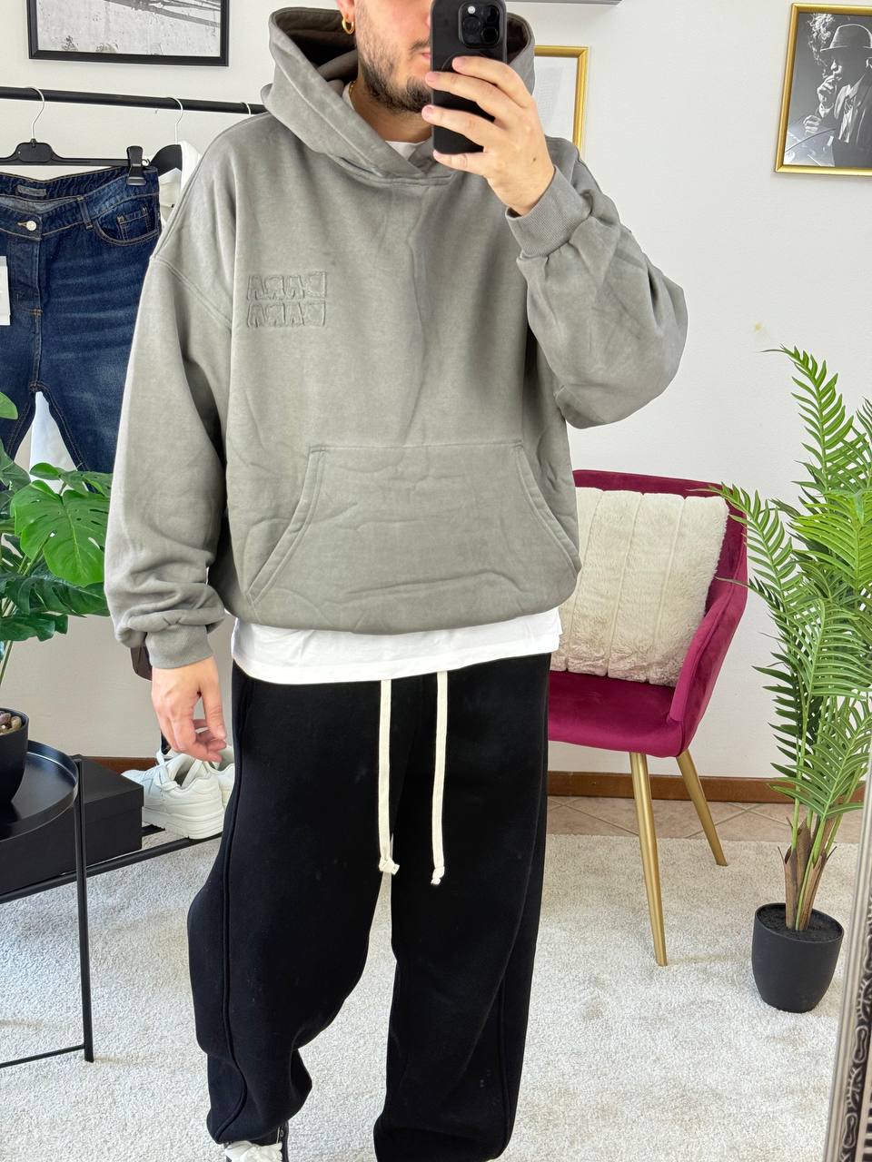 FELPA CON CAPPUCCIO RICAMO BARA BARA PIOMBO