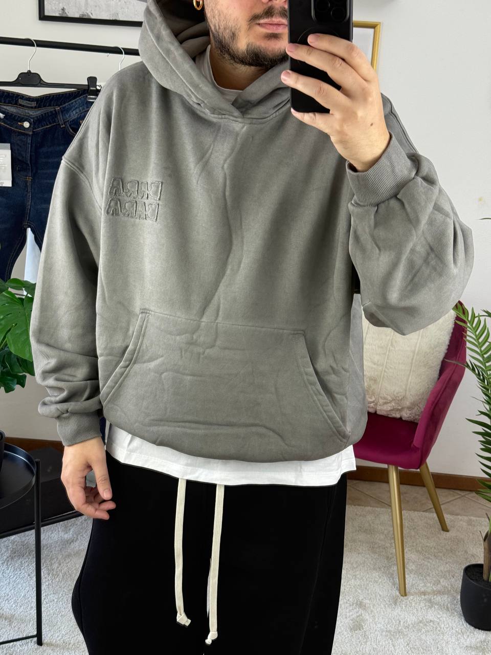 FELPA CON CAPPUCCIO RICAMO BARA BARA PIOMBO