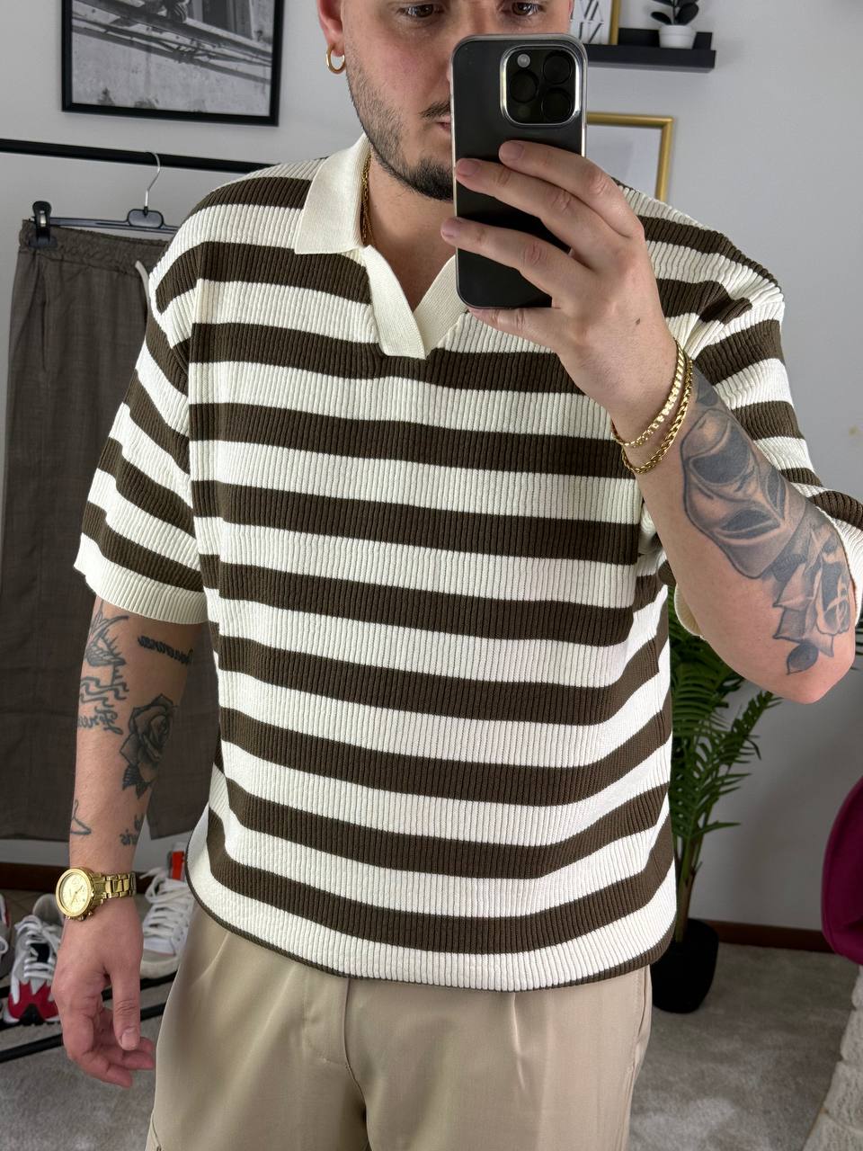 POLO RIGHE CREMA E VERDE SCURO