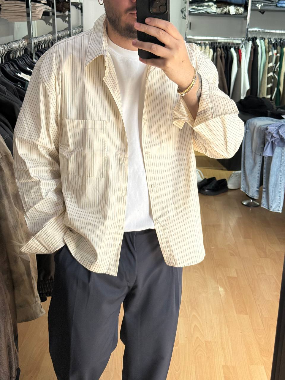 CAMICIA TASCA RIGHE BEIGE