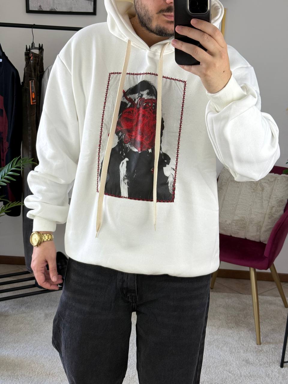 FELPA CAPPUCCIO QUADRO BIANCA