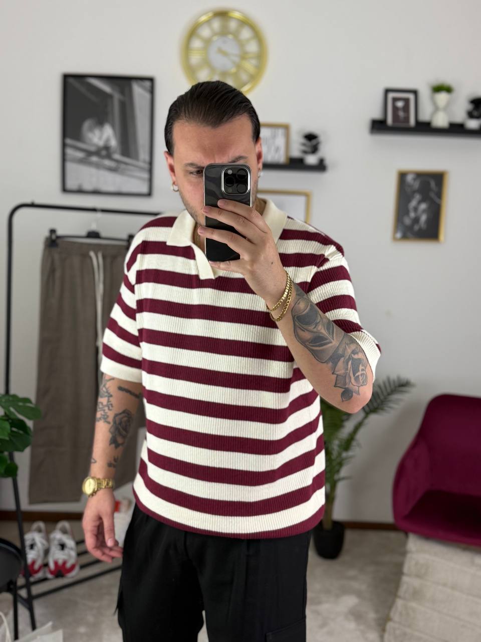 POLO RIGHE BIANCA E BORDEAUX