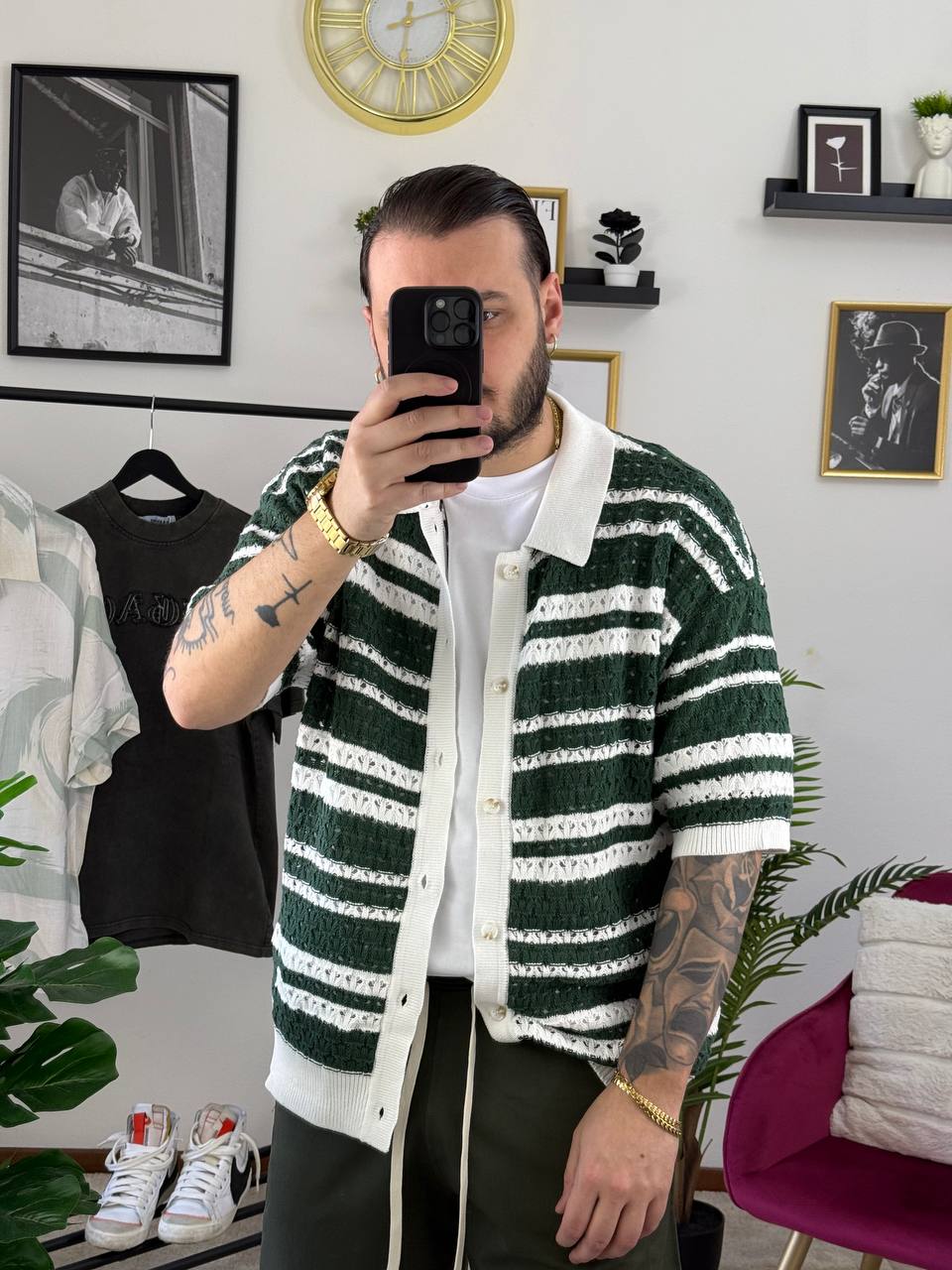 POLO CARDIGAN VERDE E BIANCO