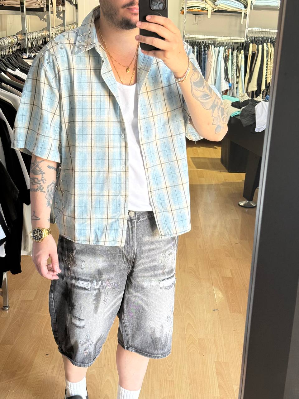 CAMICIA QUADRI CON BORCHIE CELESTE