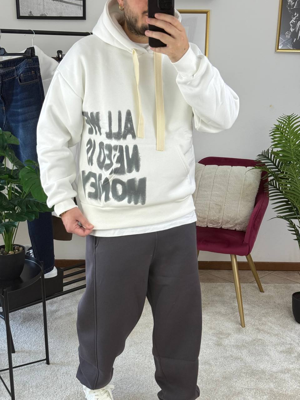 FELPA CAPPUCCIO STAMPA MONEY BIANCA