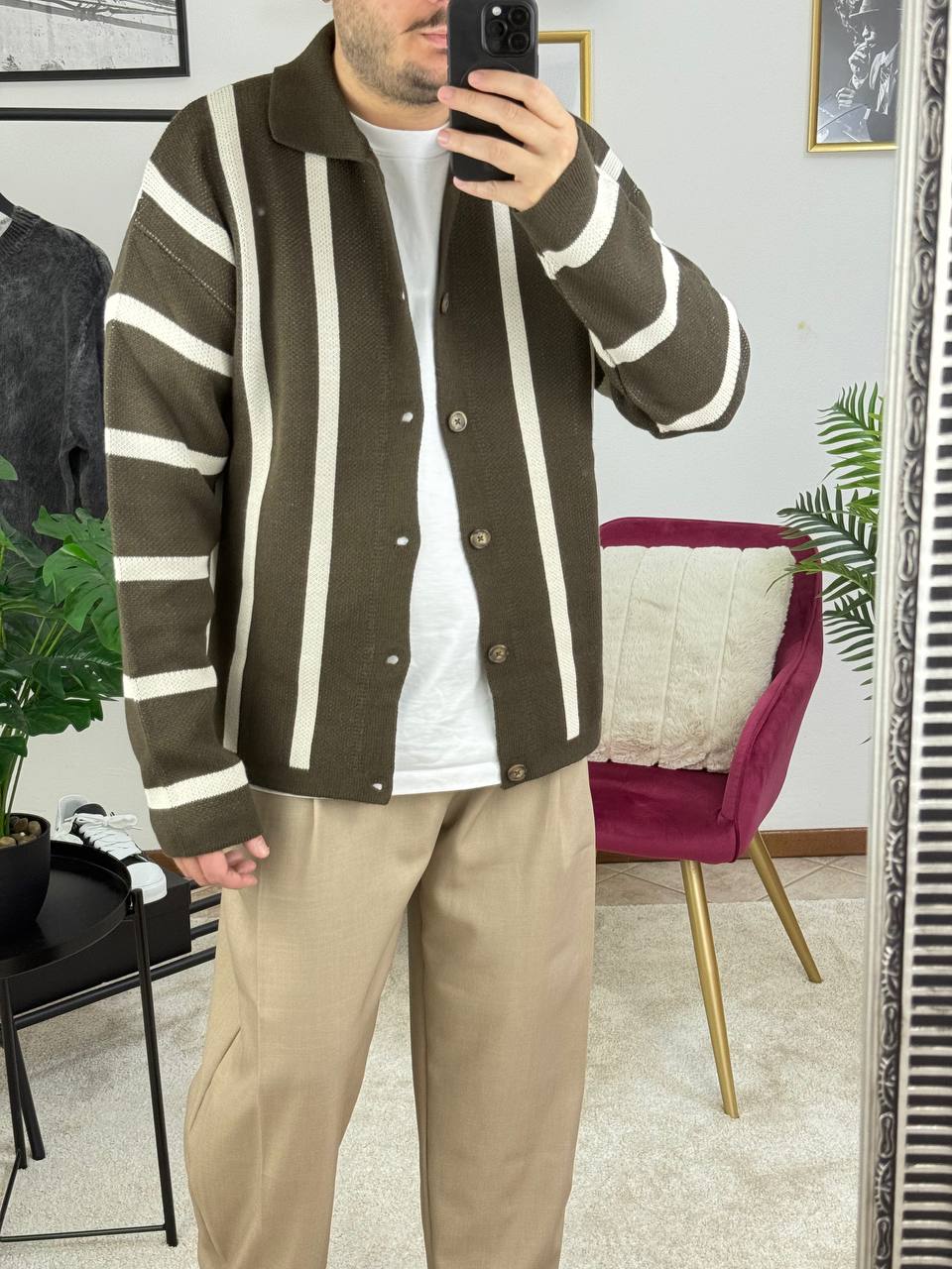 CARDIGAN POLO RIGHE MARRONE