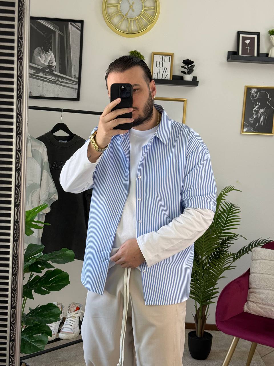 CAMICIA RIGHE DOPPIAMANICA CELESTE