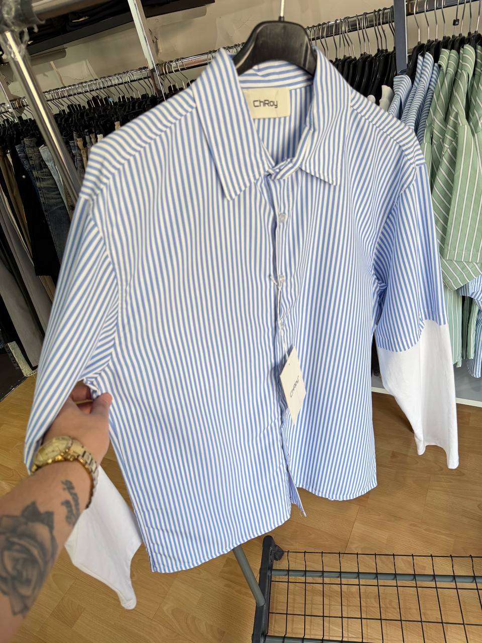 CAMICIA RIGHE DOPPIAMANICA CELESTE