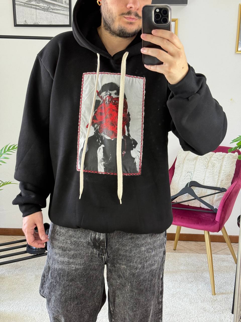 FELPA CAPPUCCIO QUADRO NERA