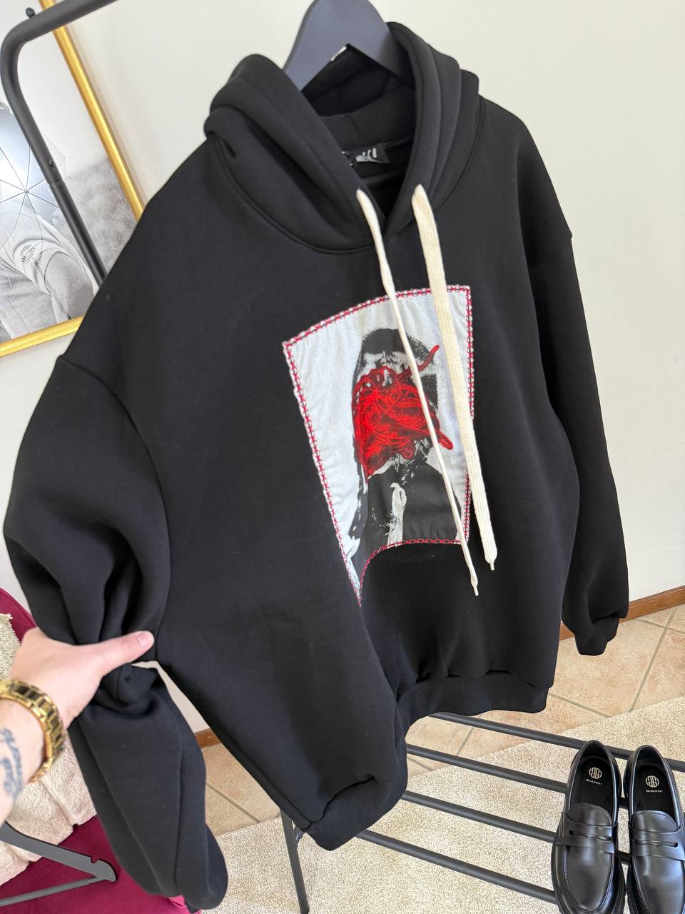 FELPA CAPPUCCIO QUADRO NERA