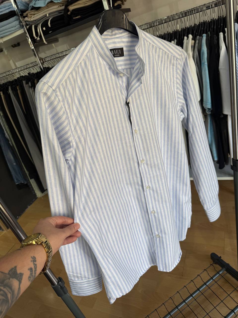 CAMICIA COREANA LINO BIANCA E CELESTE