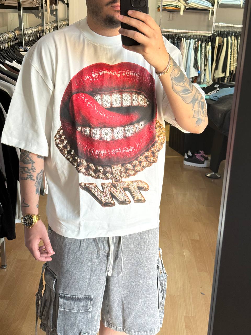 T-SHIRT BOCCA CON PERLE BIANCA