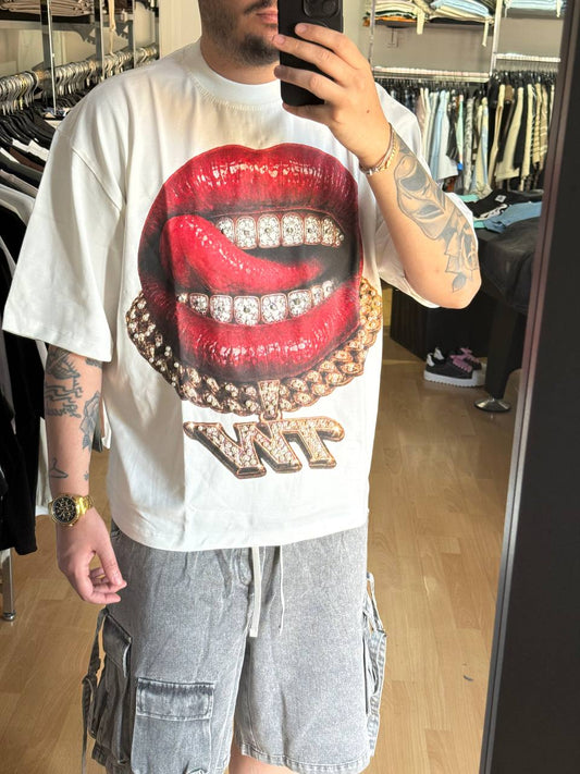 T-SHIRT BOCCA CON PERLE BIANCA