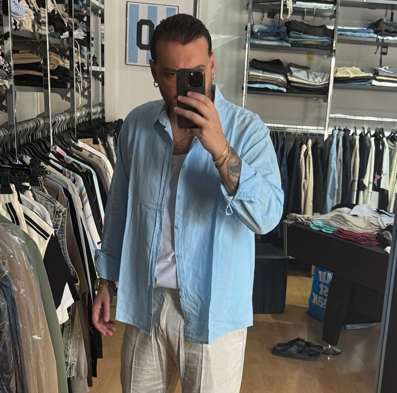 CAMICIA IN LINO CELESTE