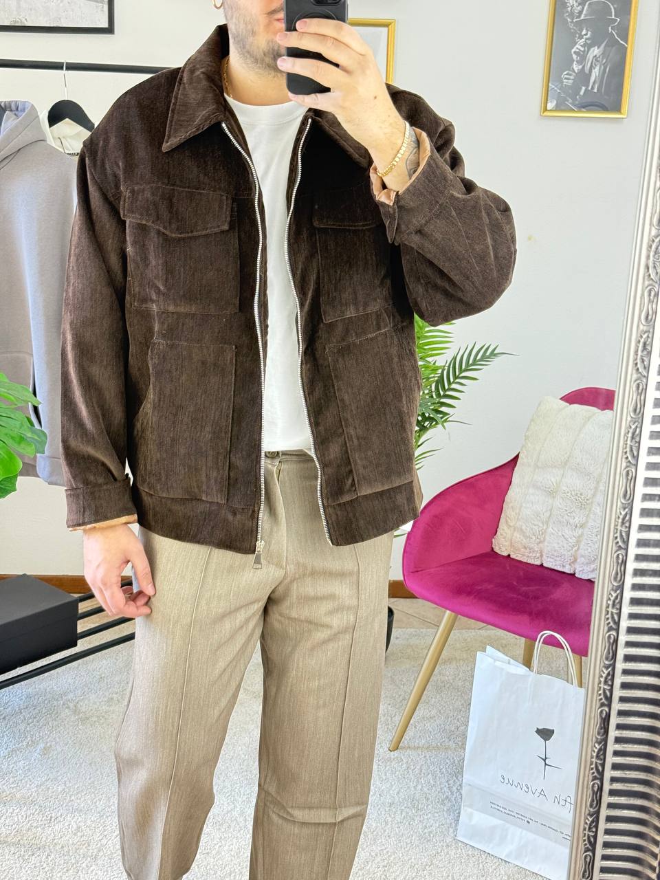 CAMICIONE CON TASCONI EFFETTO CAMOSCIO MARRONE