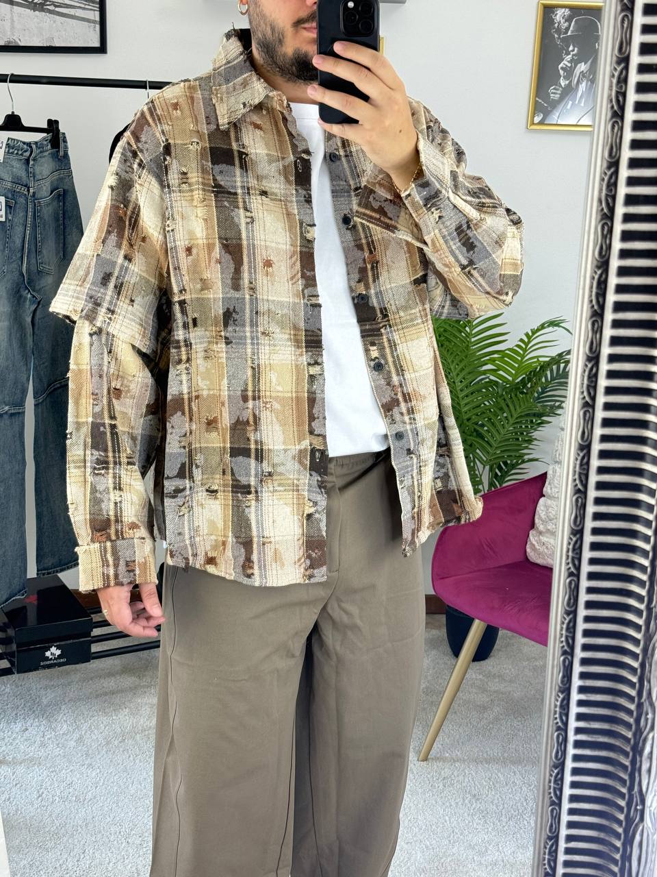 CAMICIA QUADRI DOPPIA MANICA BEIGE
