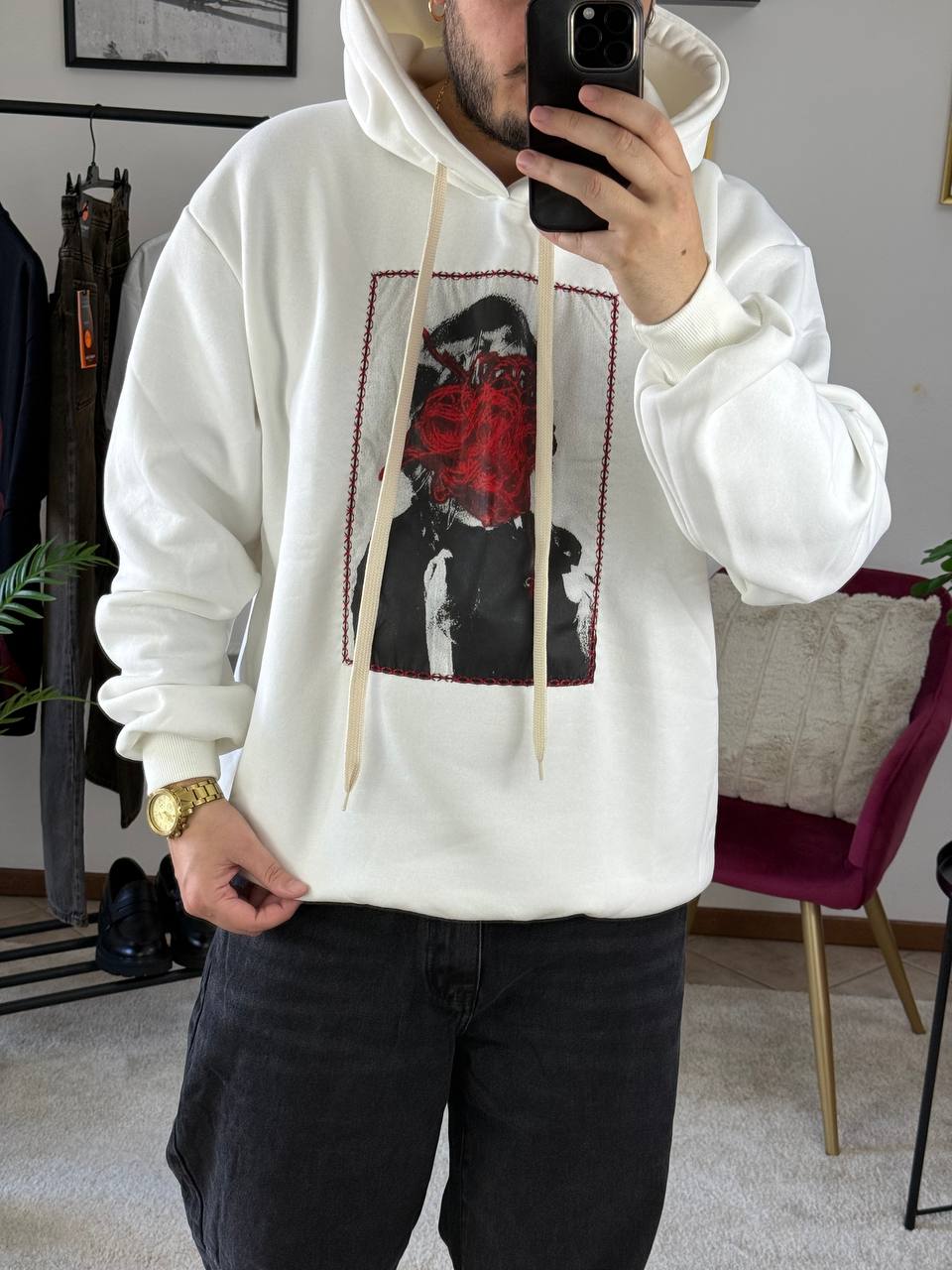 FELPA CAPPUCCIO QUADRO BIANCA