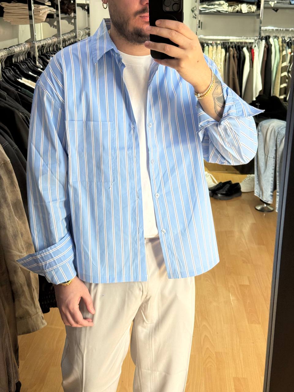 CAMICIA TASCA RIGHE CELESTE