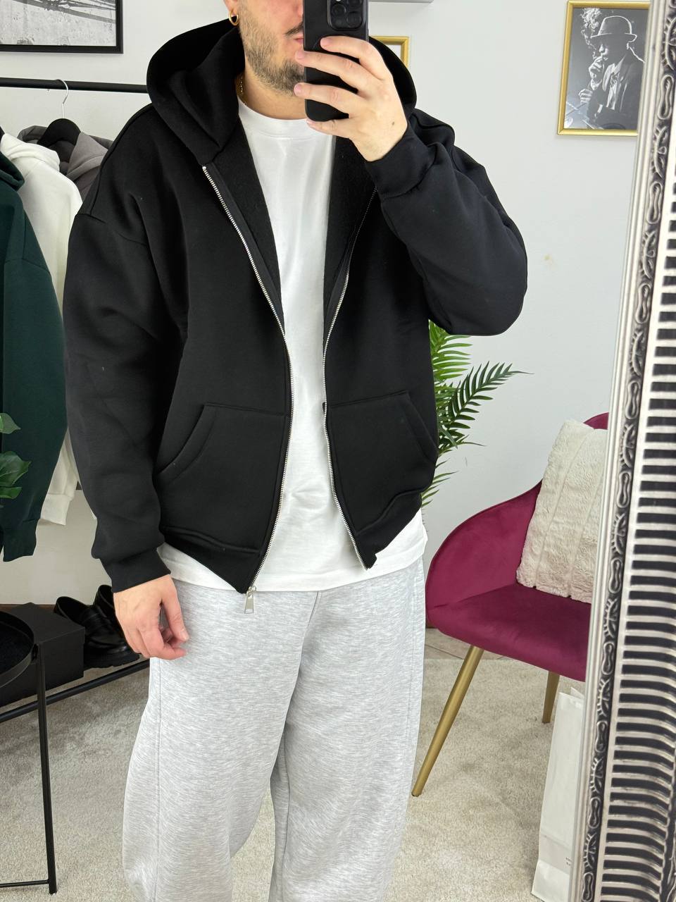 FELPA CAPPUCCIO ZIP NERA