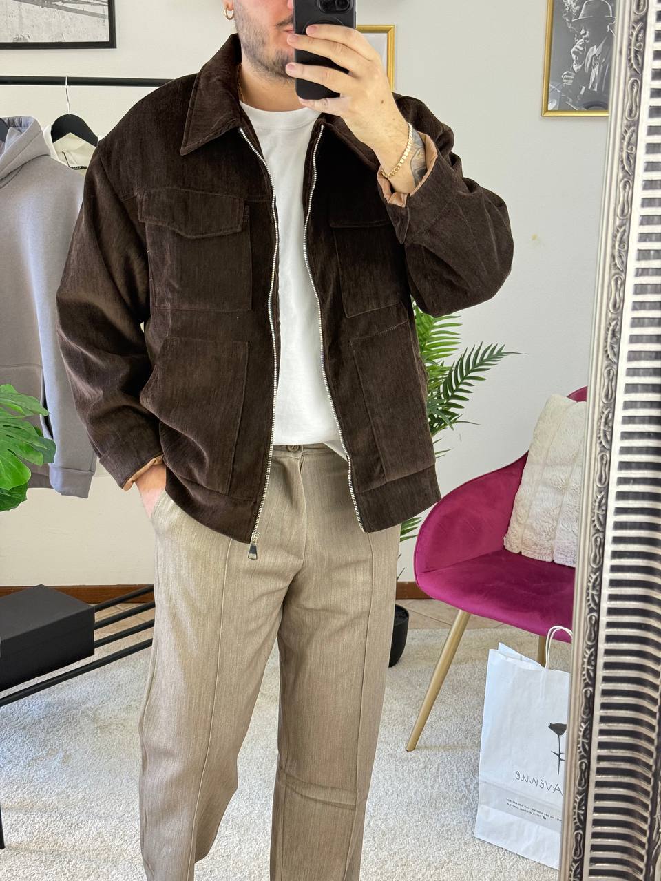 CAMICIONE CON TASCONI EFFETTO CAMOSCIO MARRONE