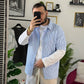 CAMICIA RIGHE DOPPIAMANICA  CELESTE