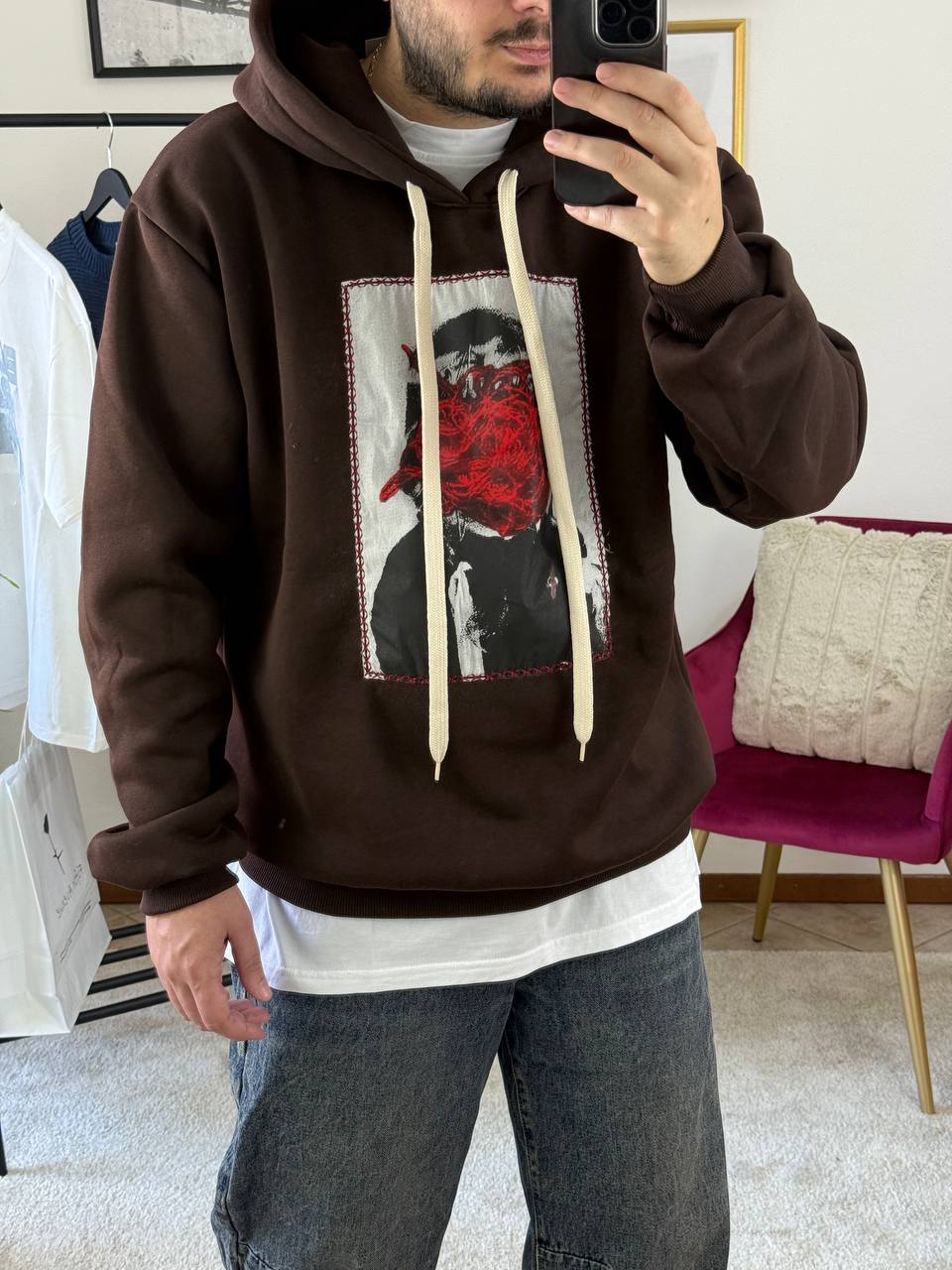 FELPA CAPPUCCIO QUADRO MARRONE