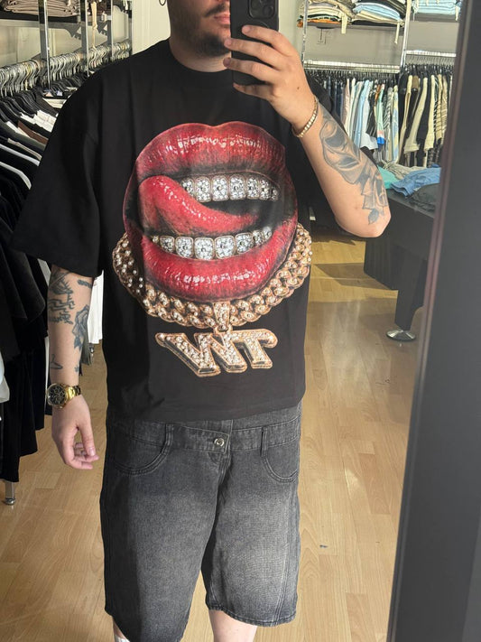 T-SHIRT BOCCA CON PERLE NERA