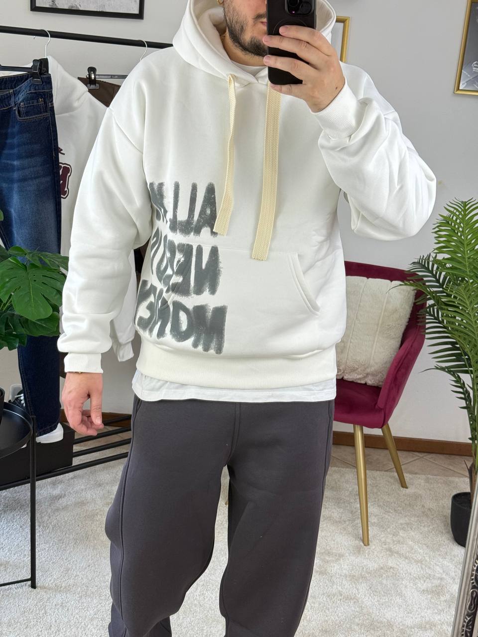 FELPA CAPPUCCIO STAMPA MONEY BIANCA