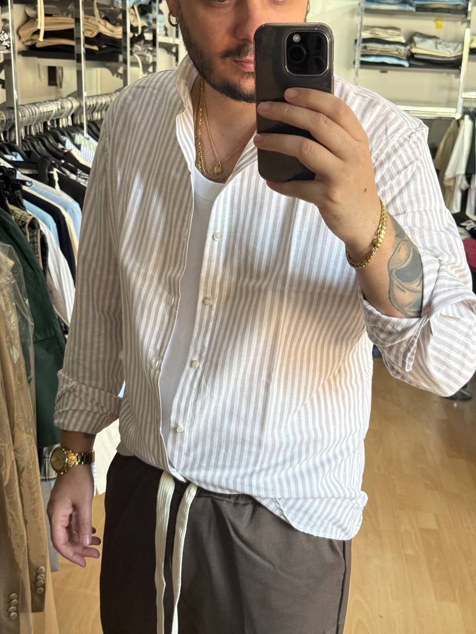 CAMICIA LINO COREANA BIANCA E BEIGE