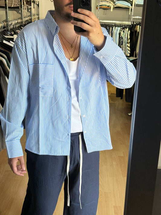 CAMICIA LUNGA TASCA RIGHE NEW CELESTE