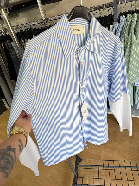 CAMICIA RIGHE DOPPIAMANICA  CELESTE