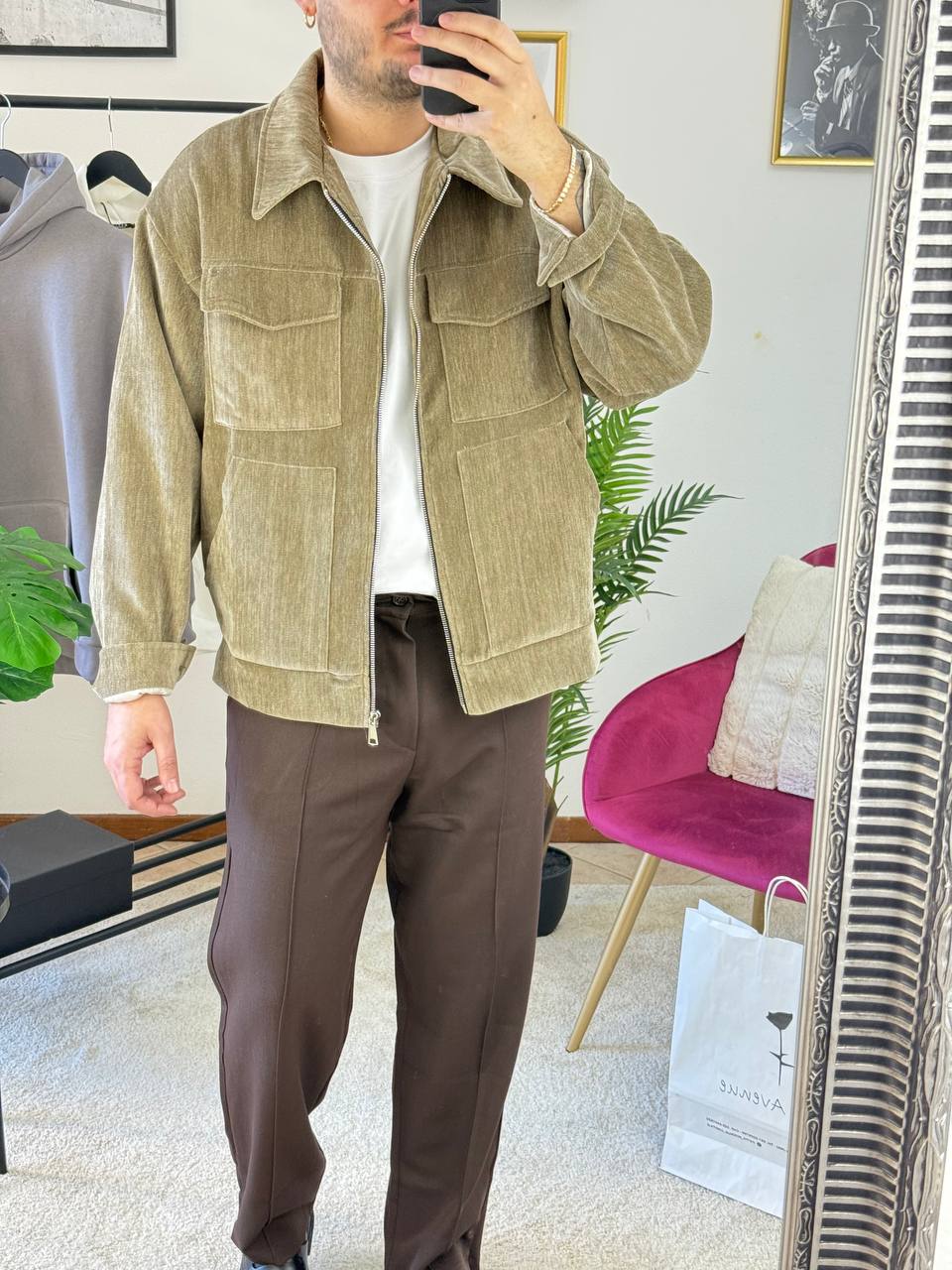 CAMICIONE CON TASCONI EFFETTO CAMOSCIO BEIGE