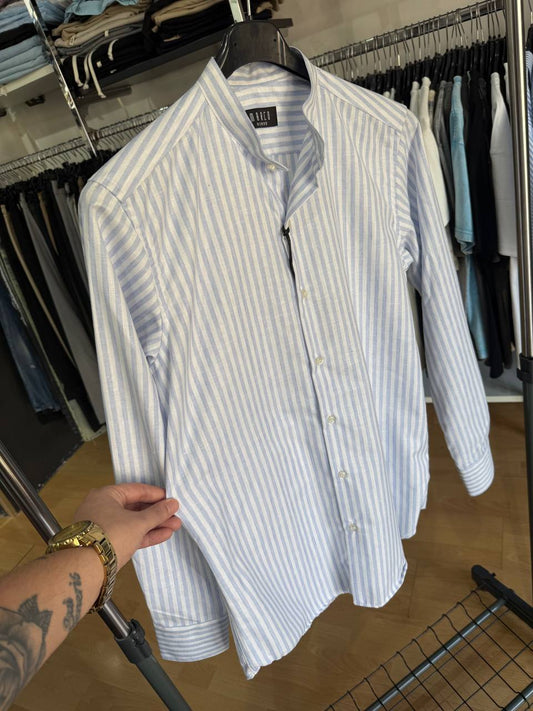 CAMICIA COREANA LINO BIANCA E CELESTE