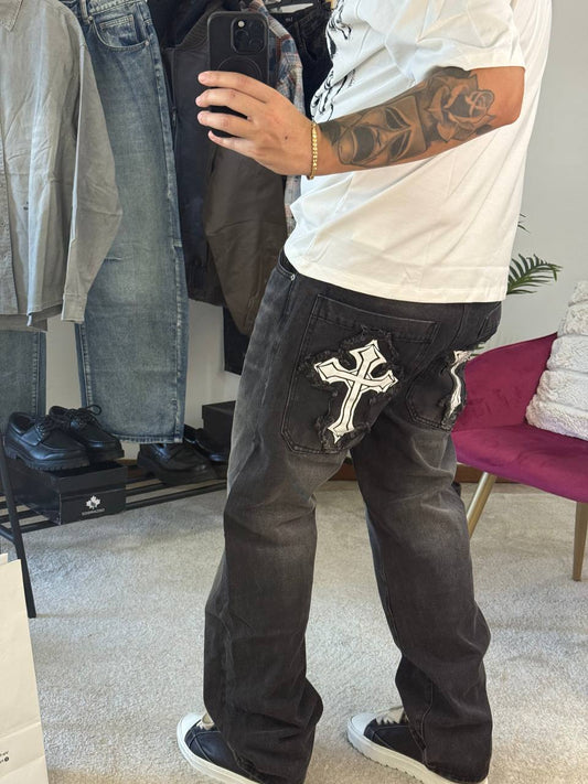 JEANS FONDO LARGO CROSS NERO