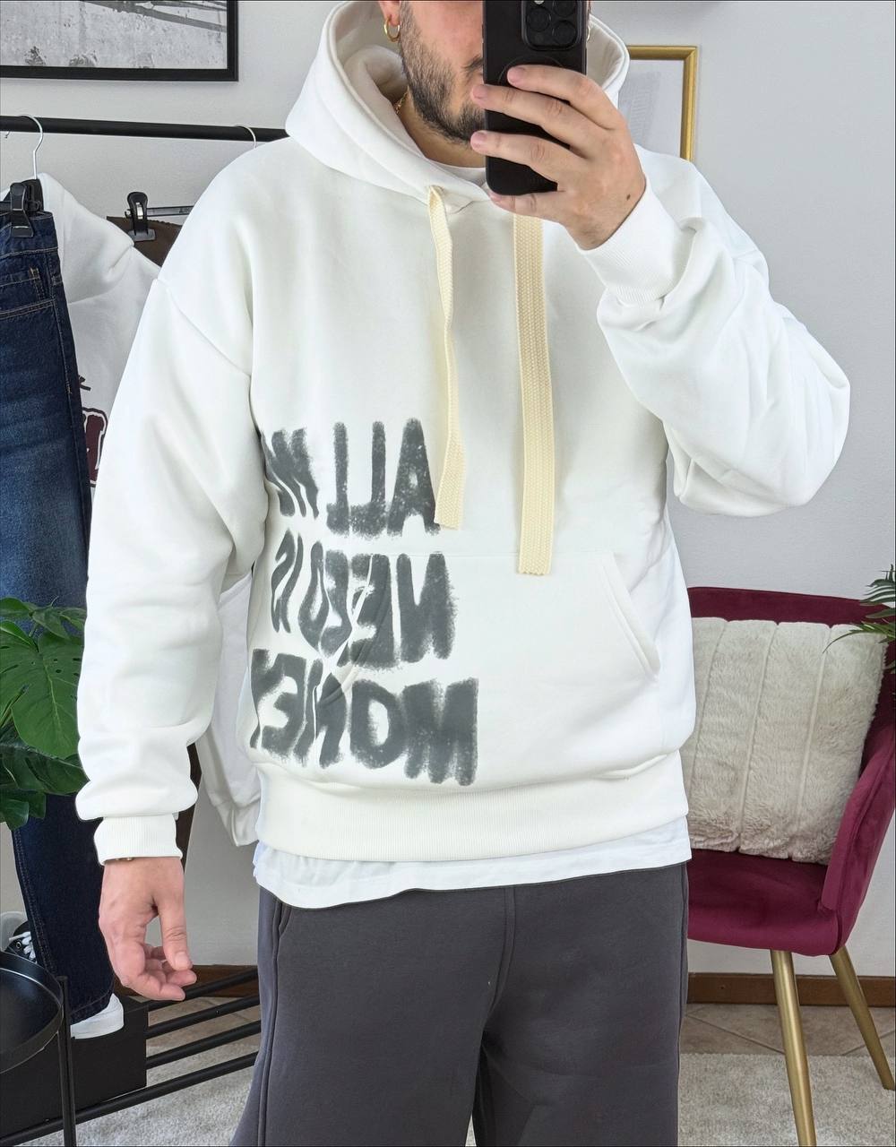 FELPA CAPPUCCIO STAMPA MONEY BIANCA