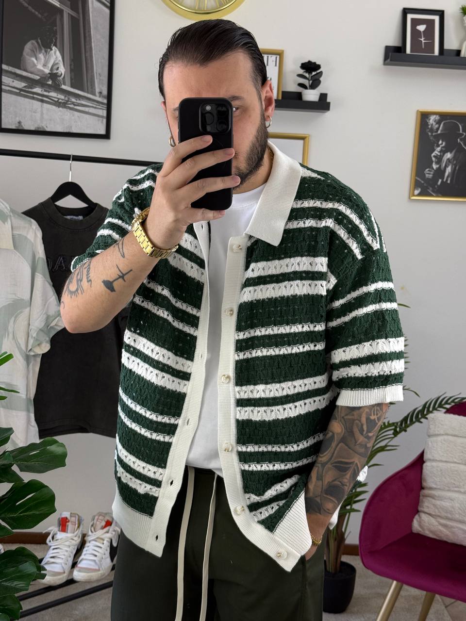 POLO CARDIGAN VERDE E BIANCO